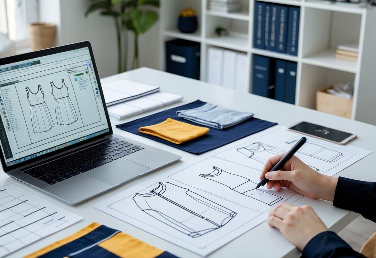 A person working at a desk with a laptop, sketches, fabric samples, and a tablet, creating a tech pack for fashion design.