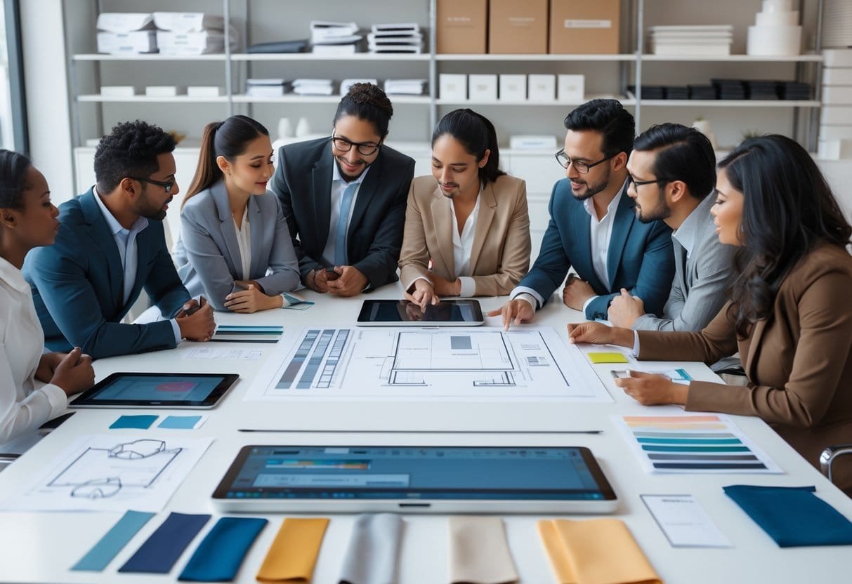 A group of professionals collaborating around a table with technical drawings, fabric samples, and digital tablets in an office.