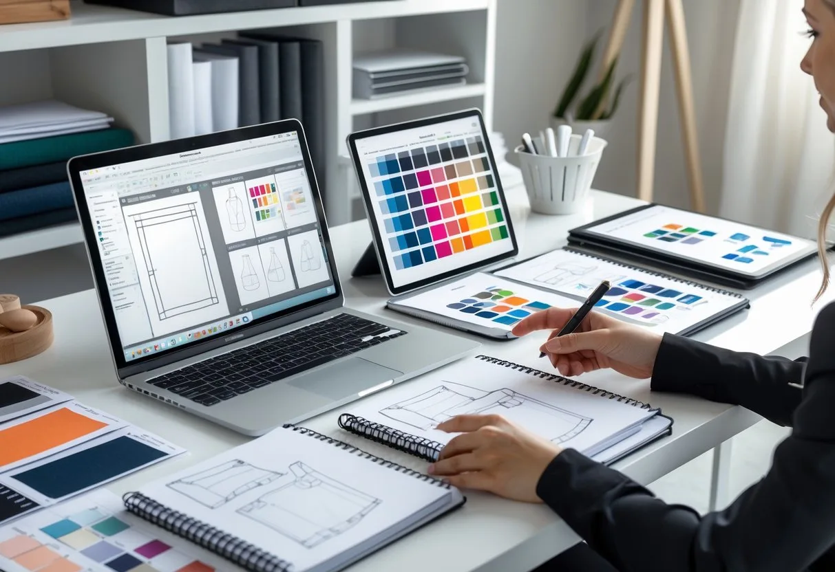 A person working at a desk with a laptop, notebooks, fabric samples, and design tools in a bright workspace.