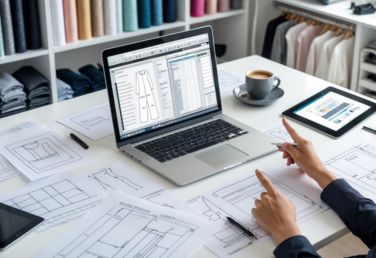 A designer's workspace with a laptop, printed garment sketches, a tablet, and hands pointing at the screen, surrounded by fabric samples and sewing tools.