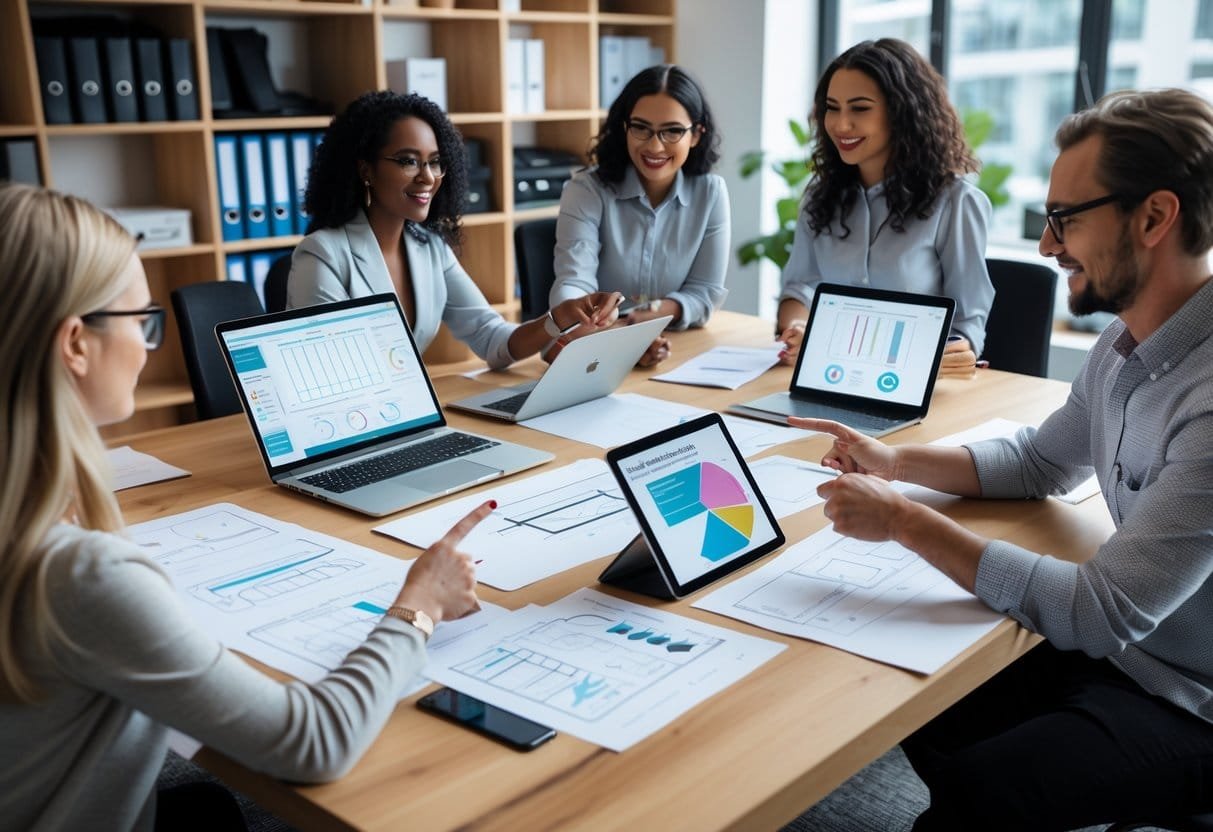 A group of professionals working together around a table with laptops, tablets, and design sketches in a bright office.