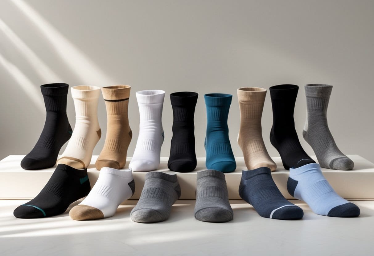 A collection of fourteen different types of socks, including no-show socks, neatly arranged on a neutral background.