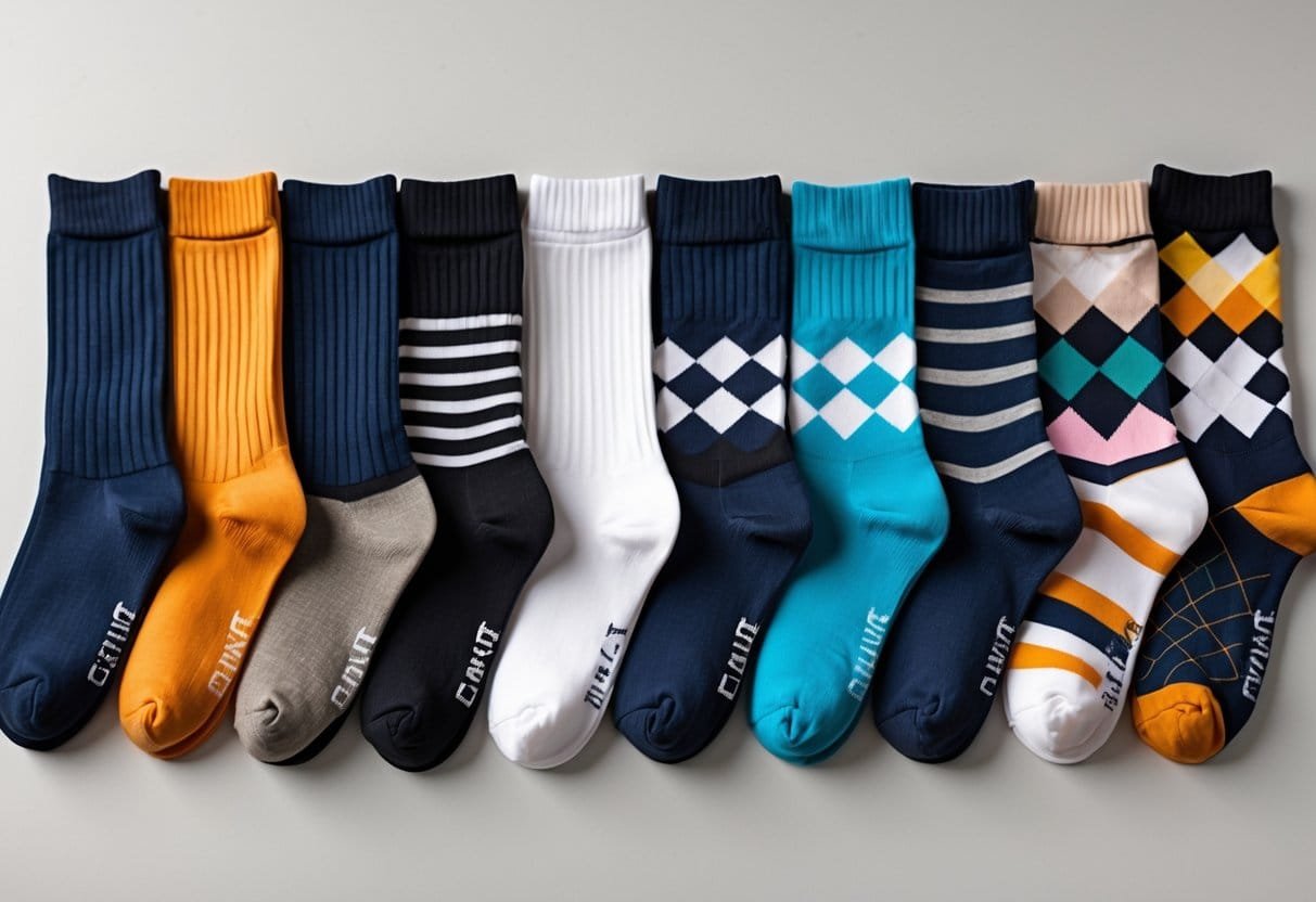 A collection of 14 different pairs of crew socks arranged side by side on a plain background.