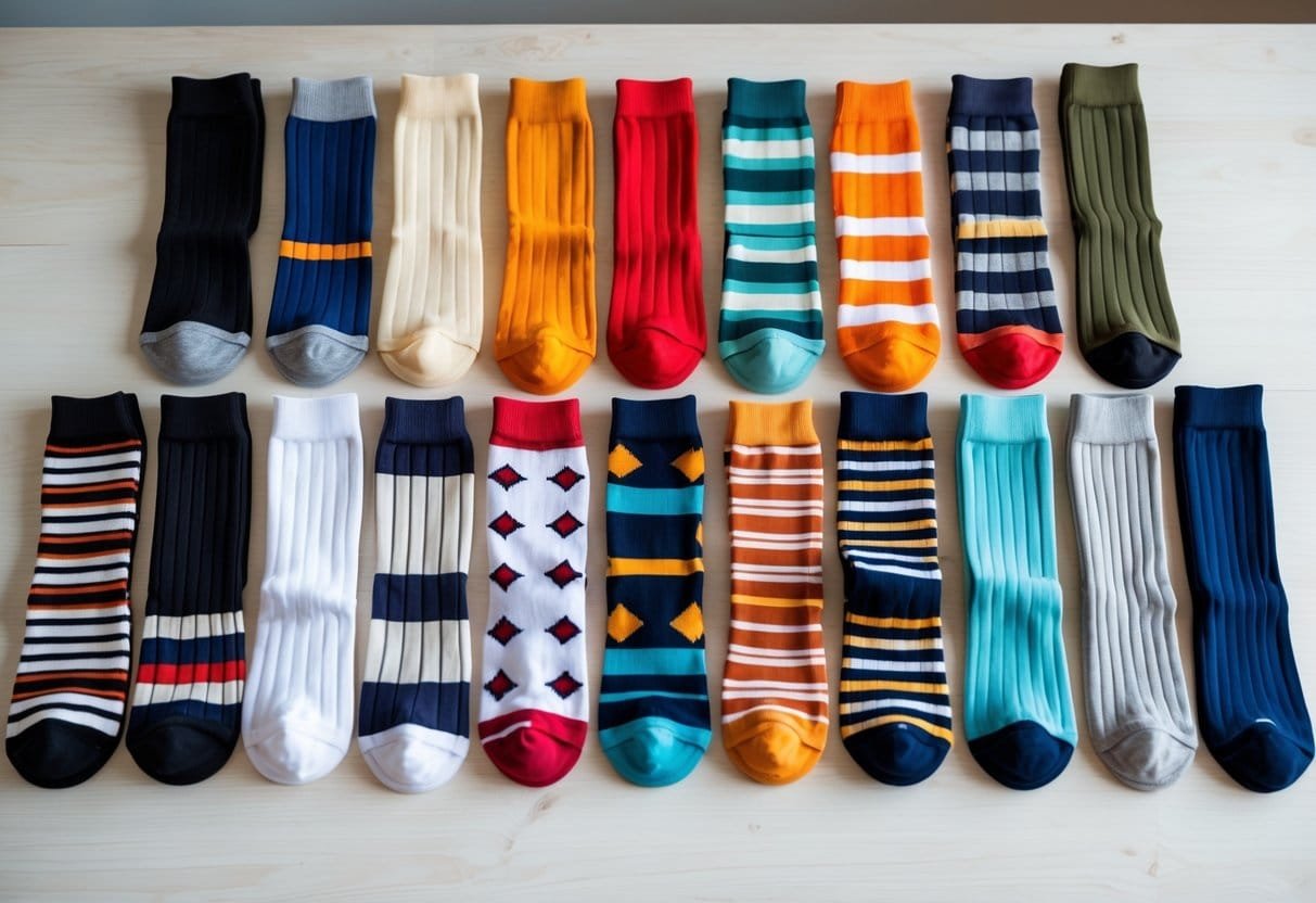 Fourteen pairs of over-the-calf socks in various colors and patterns arranged neatly on a wooden surface.