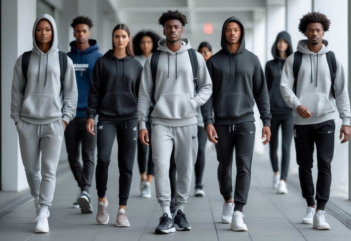 A group of young adults wearing hoodies and sweatshirts standing and walking outdoors in an urban setting.