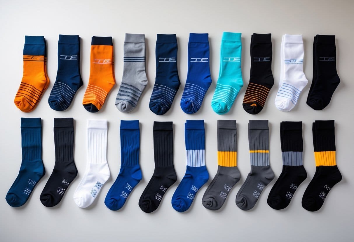 A collection of fourteen different compression socks displayed together on a plain background.
