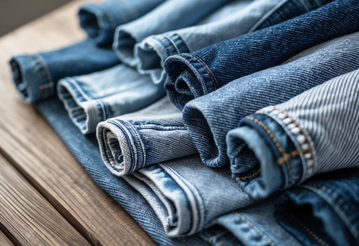 Close-up view of various types of denim jeans fabrics arranged on a wooden surface.