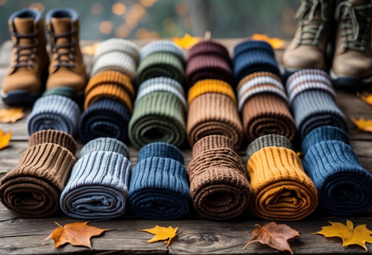 A collection of 14 different types of boot socks arranged on a wooden surface with hiking boots and autumn leaves nearby.
