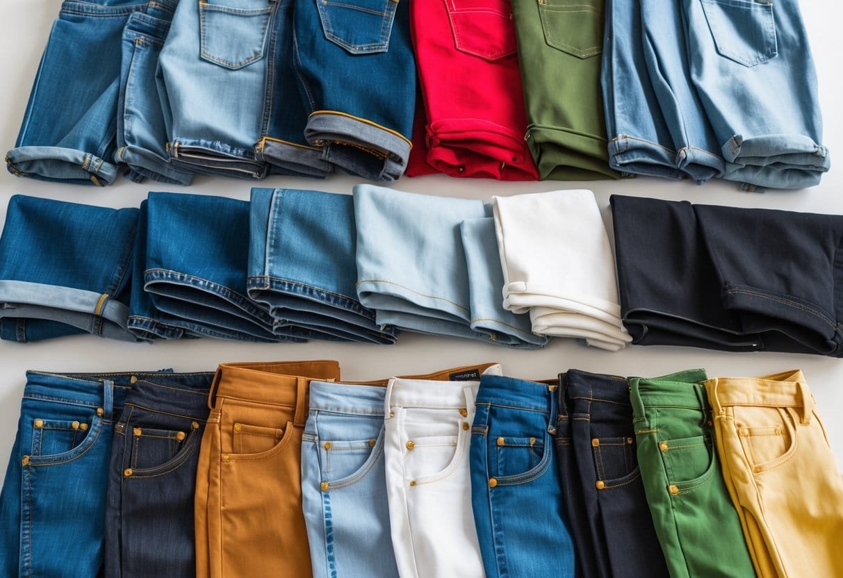 A flat lay of 14 pairs of colored denim jeans made from different materials arranged on a neutral background.