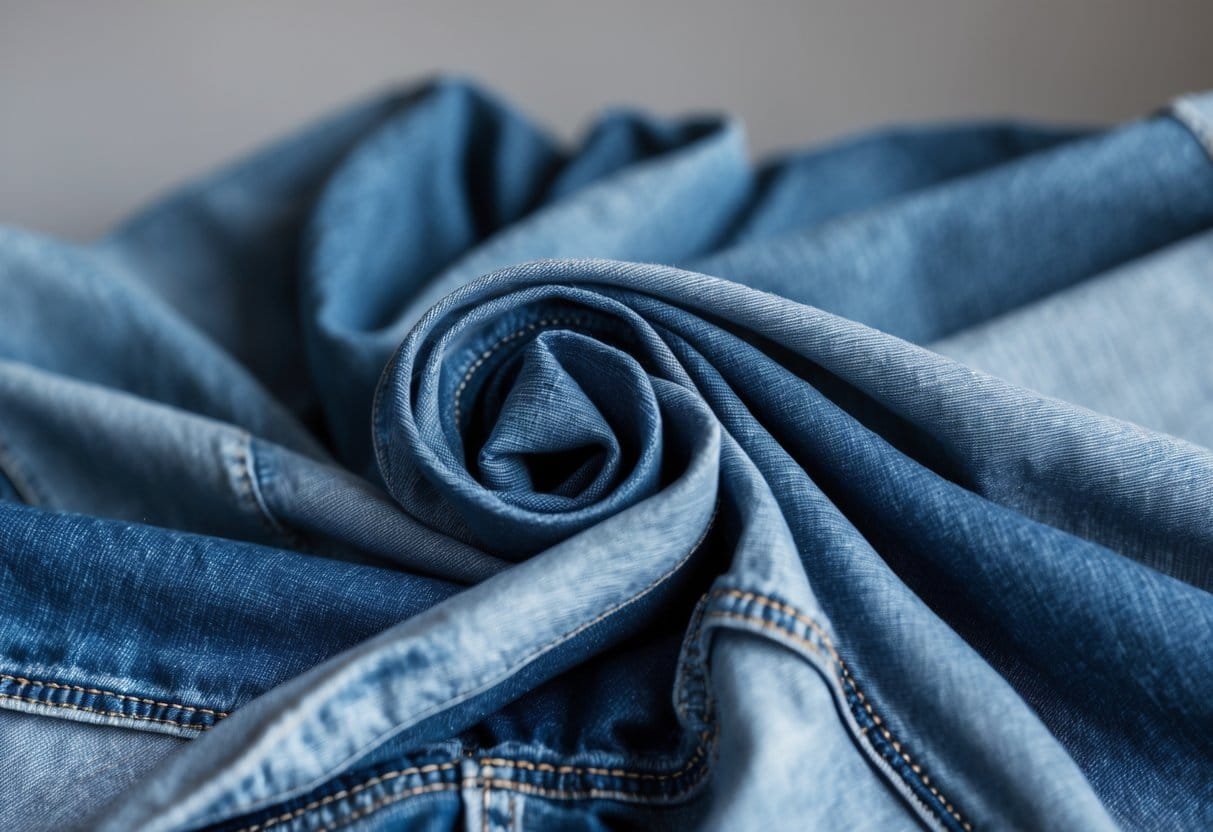 Close-up view of folded stonewashed denim fabric showing texture and faded blue color.