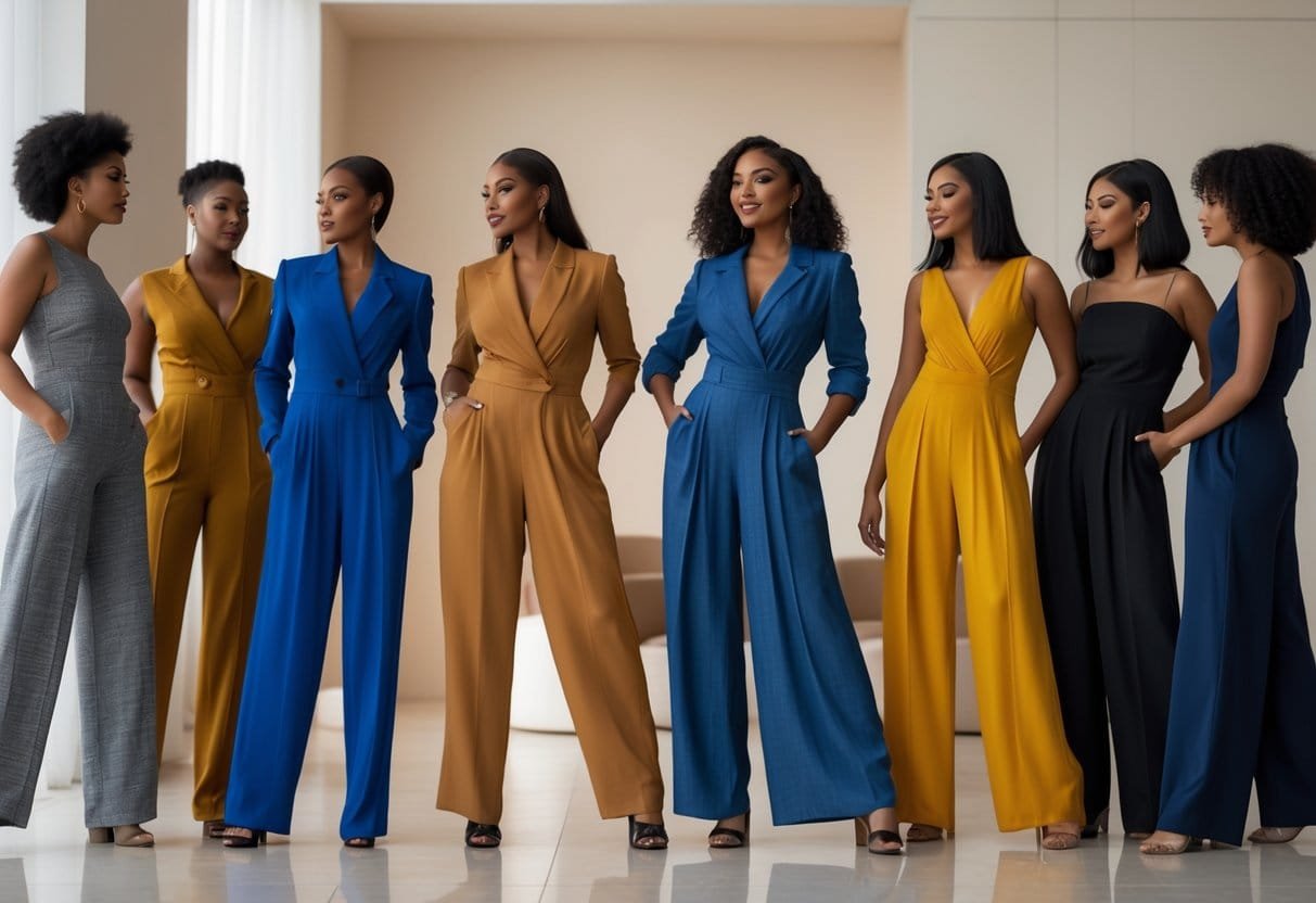 A group of women standing indoors wearing different wide-leg jumpsuits, posing confidently in a bright, modern room.