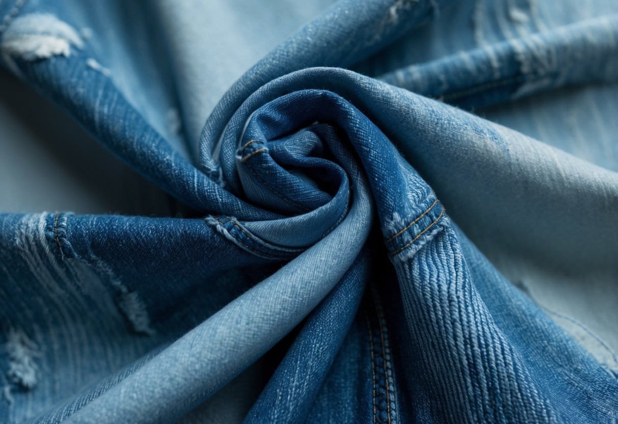 Close-up of blue acid washed denim fabric showing faded and textured patterns.