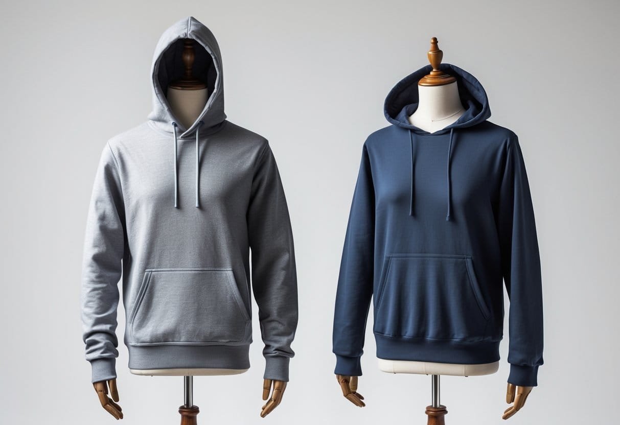 Two mannequins side by side, one wearing a hoodie and the other wearing a sweatshirt, displayed on a plain white background.