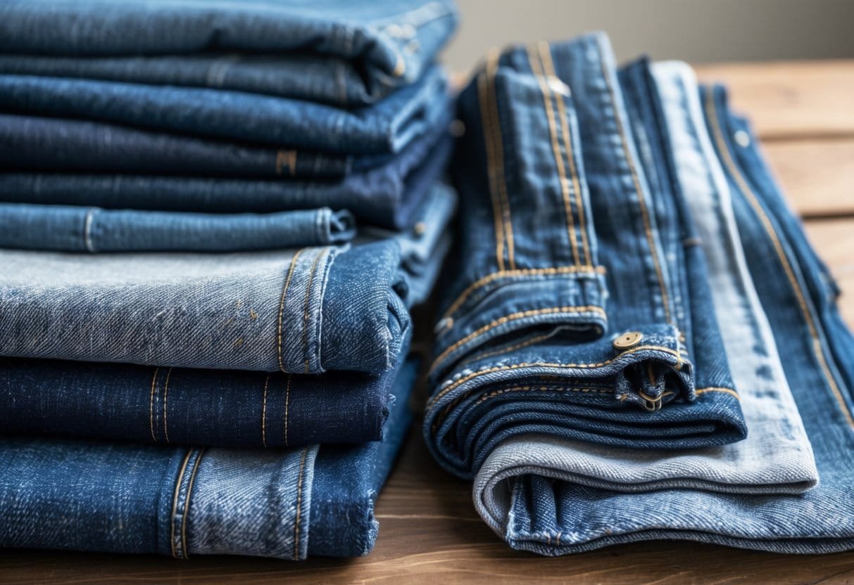 Close-up view of various folded denim jeans fabrics showing different textures and colors on a wooden surface.