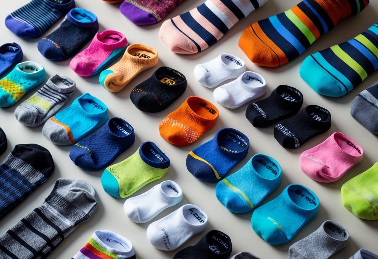 A collection of fourteen different types of socks including toe socks, arranged neatly on a plain background.