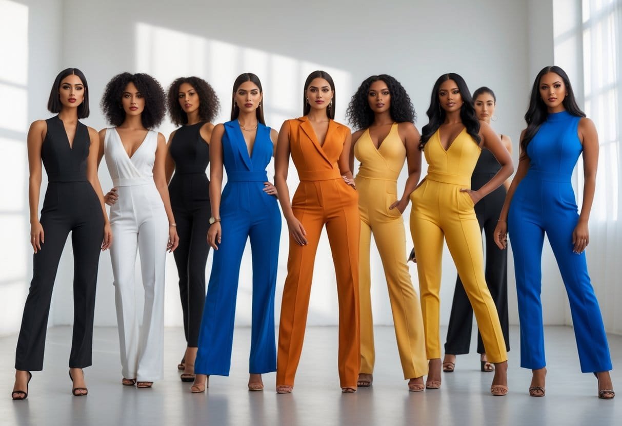 A group of women posing confidently in different bodycon jumpsuits in a bright studio.