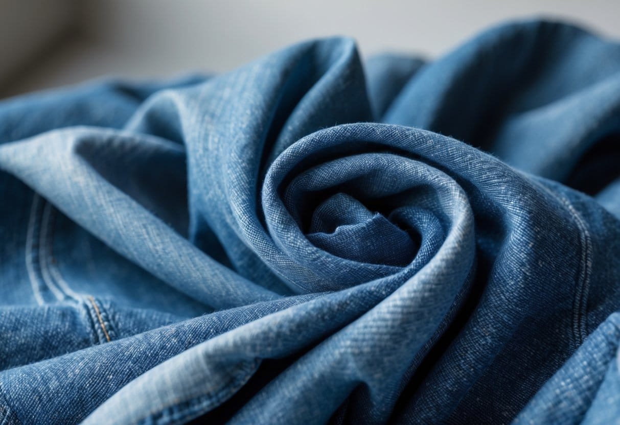 Close-up view of folded organic cotton denim fabric showing texture and weave.