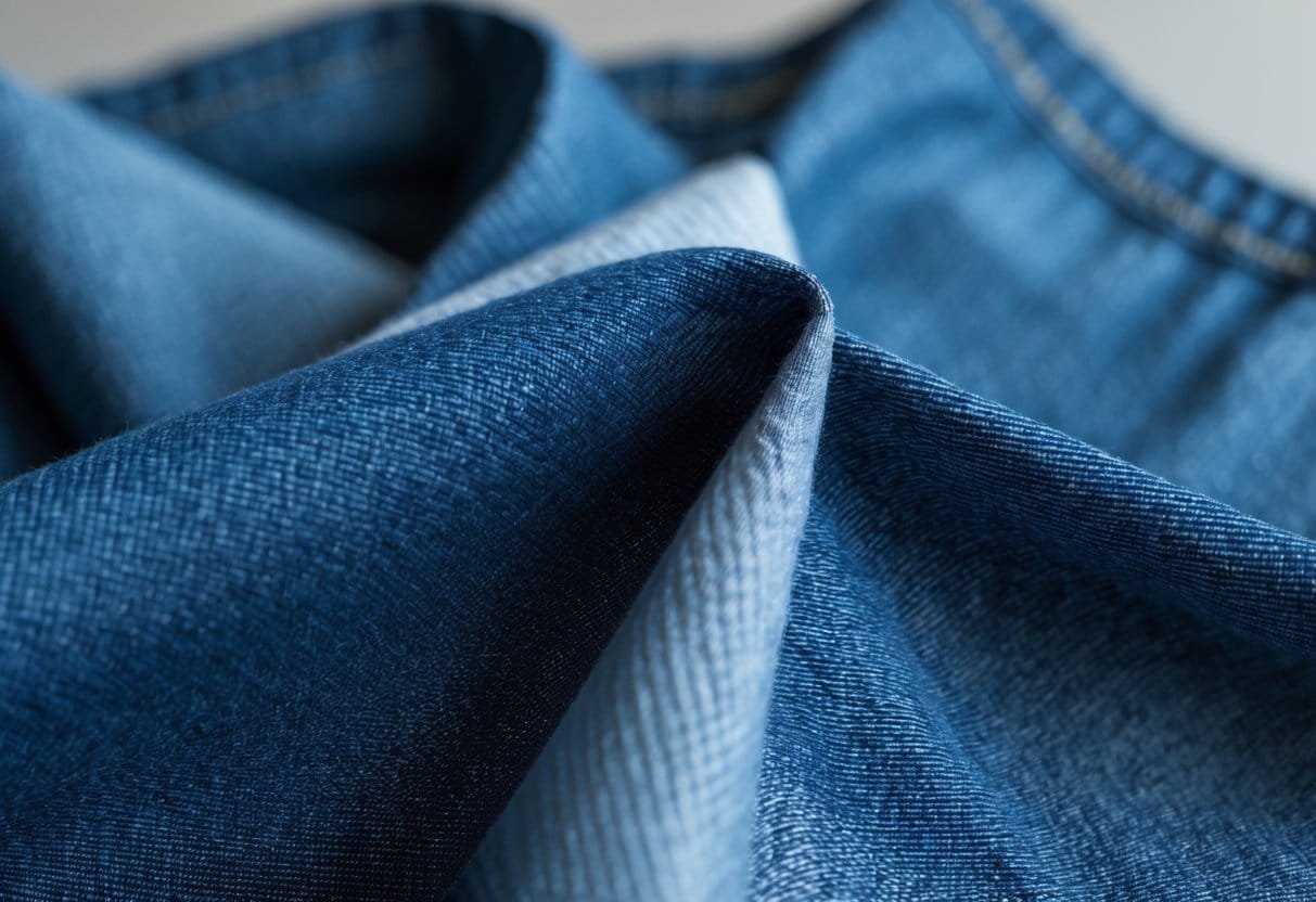 Close-up view of blue denim fabric showing its texture and weave.
