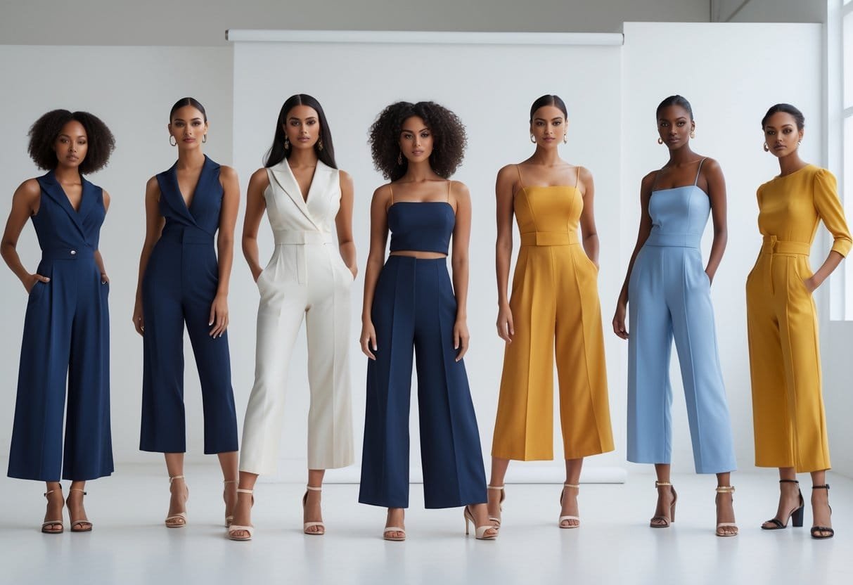 A group of models wearing different styles of cropped jumpsuits posing in a bright studio.