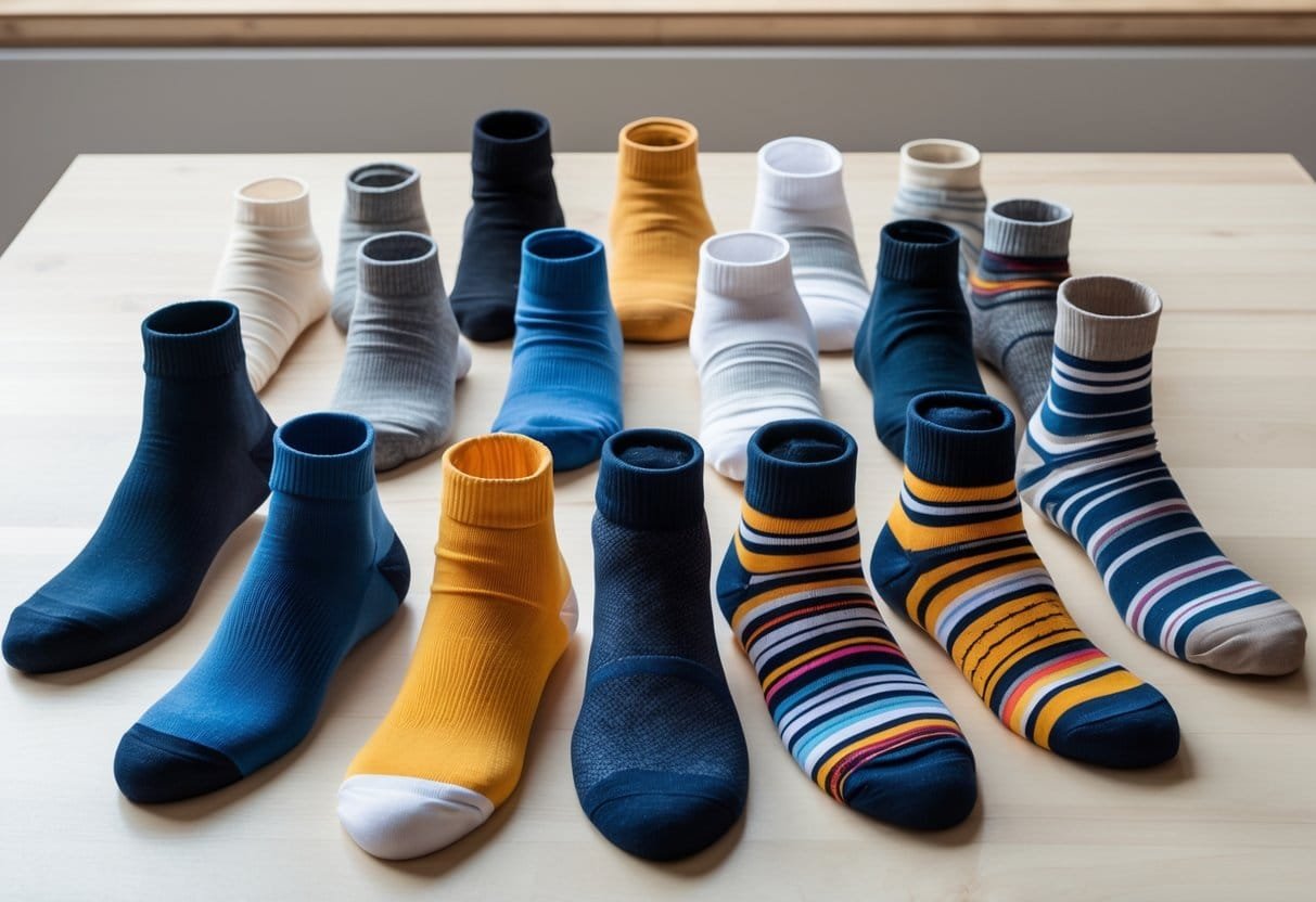 A collection of 14 different types of socks arranged neatly on a wooden surface.