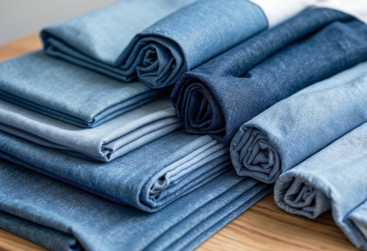 Close-up view of several pieces of chambray denim fabric in different blue shades arranged on a wooden surface.