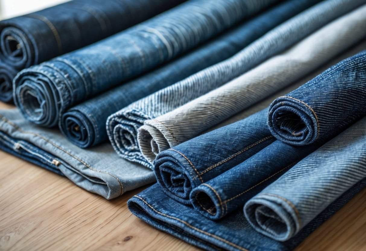 Close-up of various denim fabric samples, including a textured slub denim, arranged on a wooden surface.