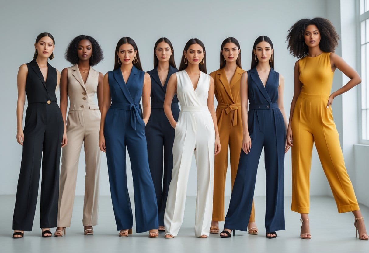 A group of women wearing different sleeveless jumpsuits posing confidently in a bright studio.