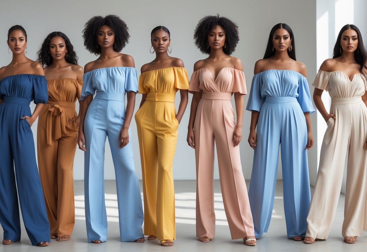 A group of women wearing off-shoulder jumpsuits standing together in a bright studio.