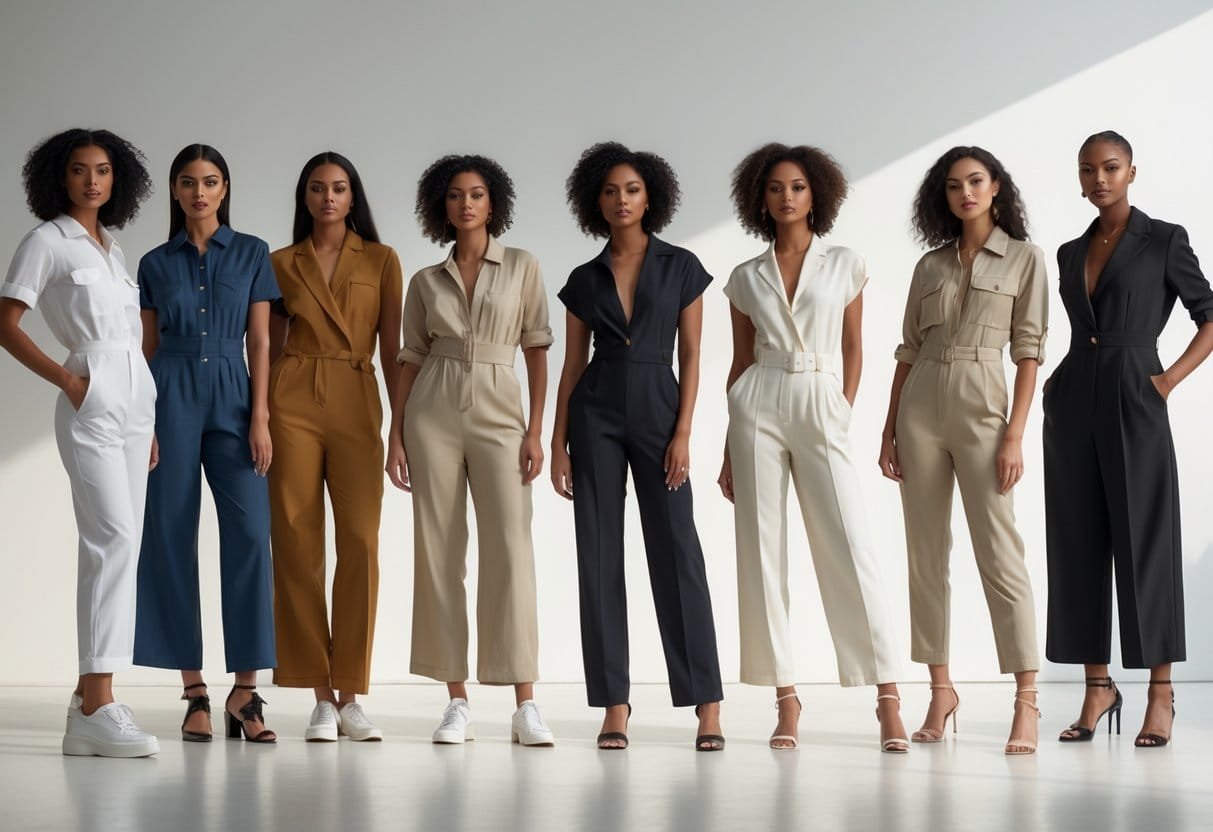 A group of diverse people wearing different styles of jumpsuits posed together in a bright studio.