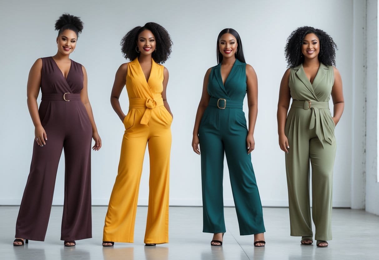Four women with different body types wearing various styles of jumpsuits, standing together in a bright studio.